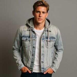 Men's BKE Buckle Large Light Wash Distressed Denim Jacket Hoodie Grunge Y2K Rare
